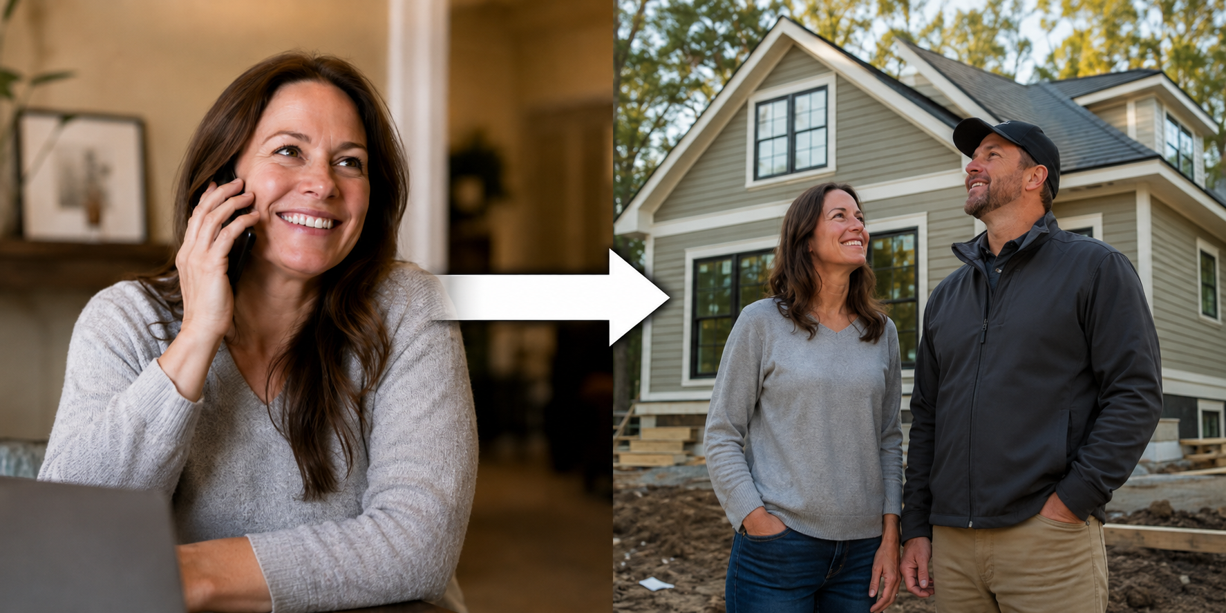 From first call to completed remodeling project — a homeowner on the phone and the finished home